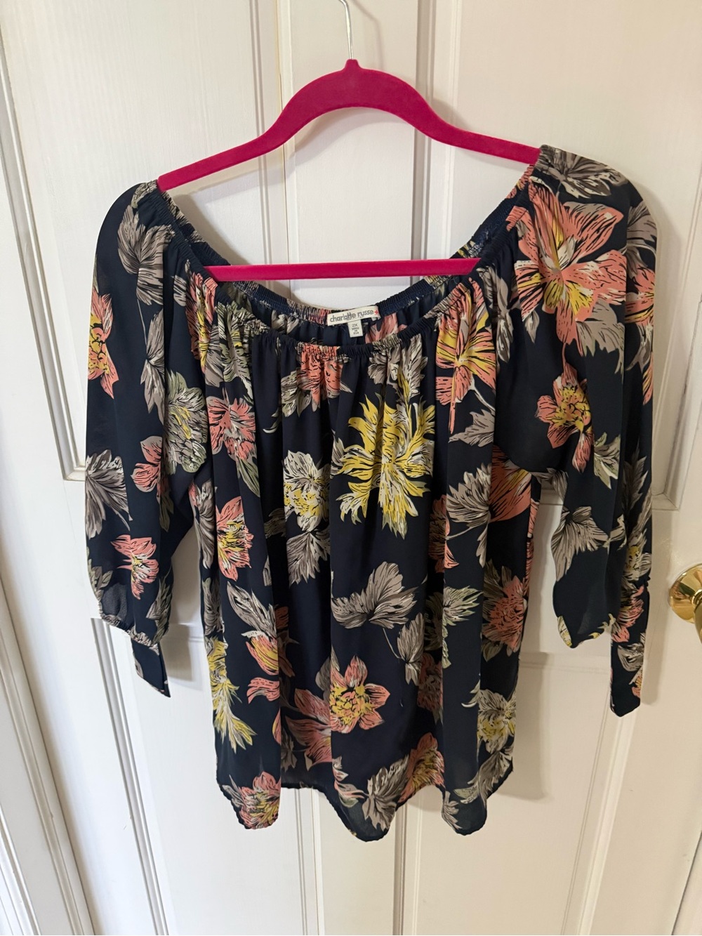 Charlotte Russe Floral Off-Shoulder Blouse - Black with Pink & Yellow Flowers